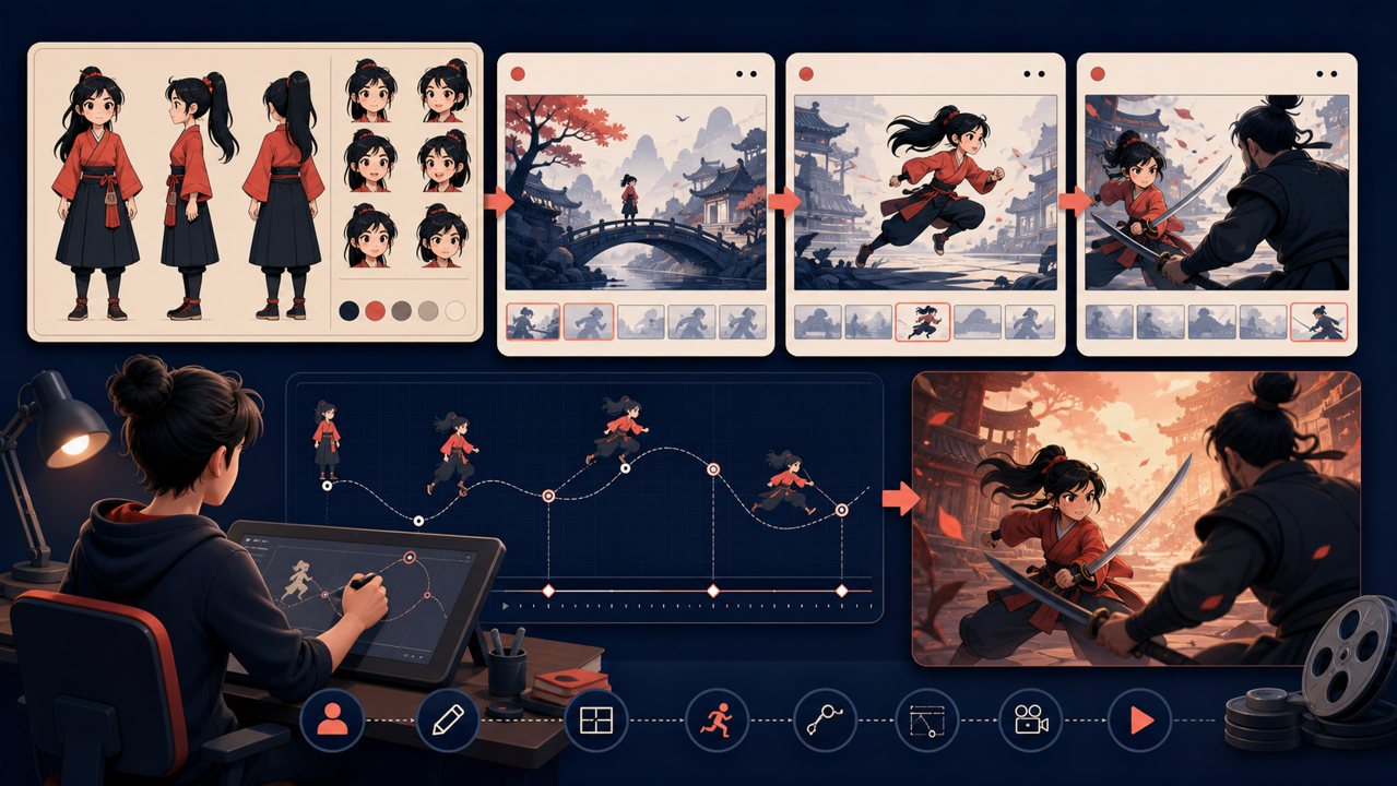 AI 二维动画短剧角色卡与分镜插图