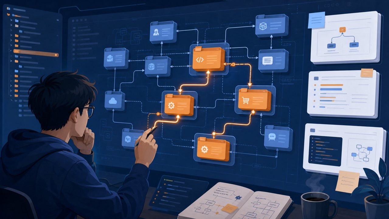 AI 代码库理解与调用链示意图