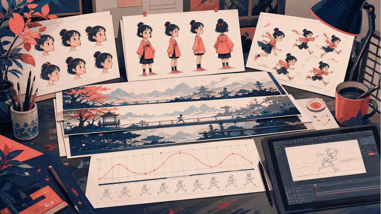 AI 二维动画角色设定和动作拆分示意图