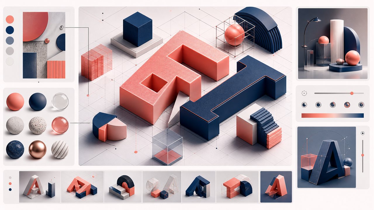 AI 3D 字体字形材质与版面层级示意图