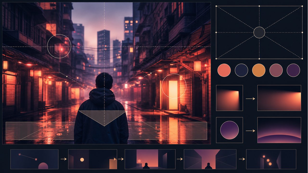 AI 港风照片色彩与街景构图示意图