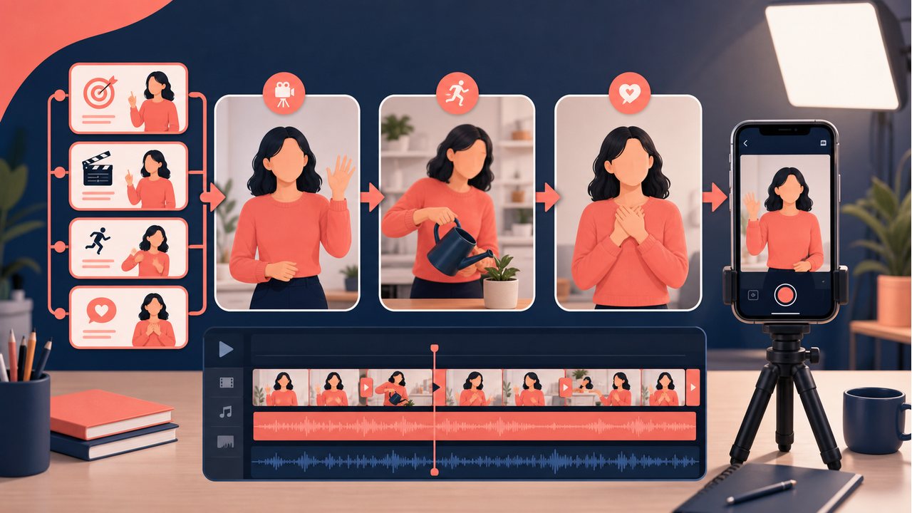 AI 短视频人物镜头与剪辑节奏示意图